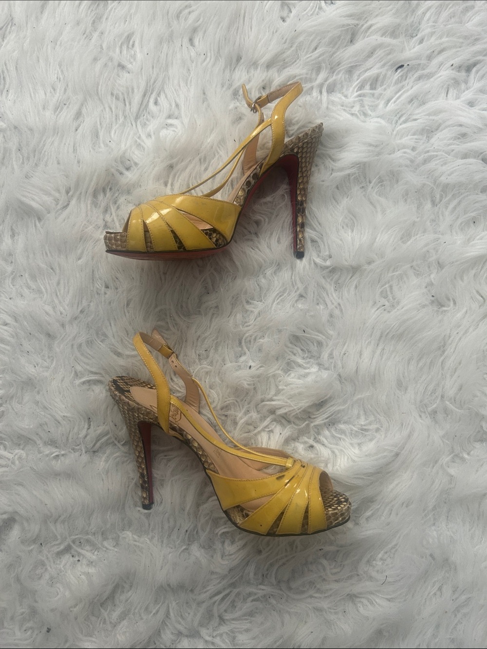 Christian Louboutin yellow snake-skin heels, size 8 open toe strappy